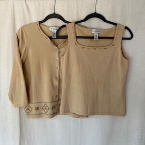 Rena Rowan Silk Blend Twin Set Tan Beaded Cardigan and Tank Top Small